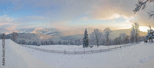 Winter landscape of the Carpathian Mountains at sunset