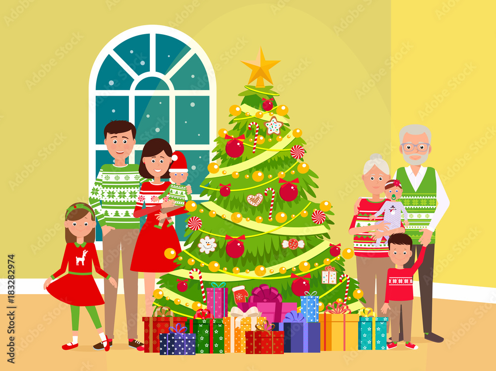 Big happy family at a Christmas tree. Big happy family at a Christmas tree.
