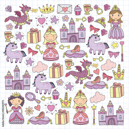 Set of doodle princess and fantasy icon and and design element for invitation and greeting card. Kids drawing. Kindergarten, preschool, school pattern