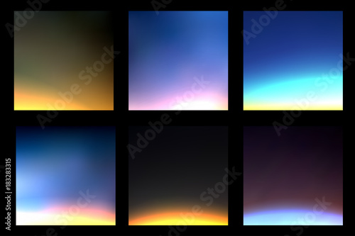 Set of cosmos and space vector background with light silhouette of Earth and northern lights. Deep dark space blurry background