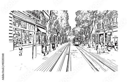 Sketch illustration of San Fransisco road traffic inside the city, USA in vector.