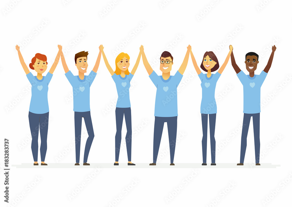 Happy volunteers holding hands - cartoon people characters isolated illustration Happy volunteers holding hands - cartoon people characters isolated illustration