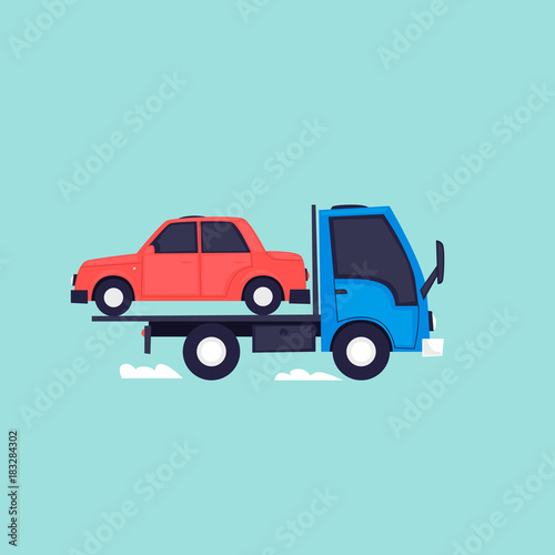 Evacuator, driving car. Flat design vector illustration.