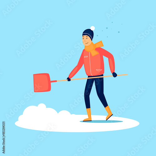 Guy cleans snow, winter. Flat design vector illustration.