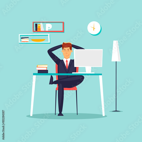 Happy businessman working in the office at the computer, workplace, interior. Flat design vector illustration.