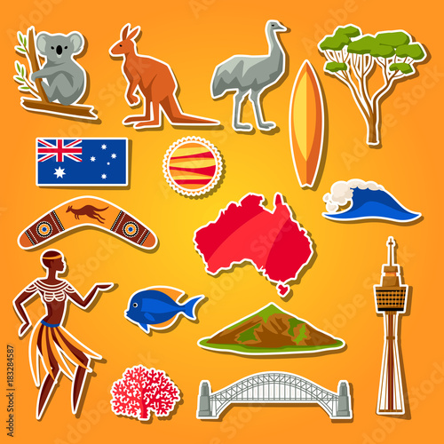 Australia icons set. Australian traditional sticker symbols and objects