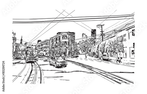 Sketch illustration of San Fransisco road traffic inside the city, USA in vector.