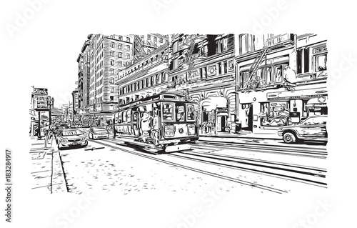 Sketch illustration of San Fransisco road traffic inside the city, USA in vector.