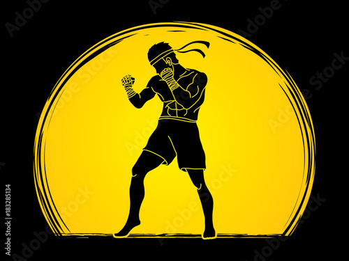 Canvas Print Muay Thai, Thai boxing standing ready to fight action designed on moonlight back