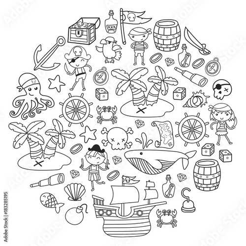 Children playing pirates Boys and girls Kindergarten, school, preschool, halloween party Treasure island, pirate ship, crab, parrot Adventure and travel and fun Birthday invitation