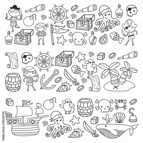 Children playing pirates Boys and girls Kindergarten, school, preschool, halloween party Treasure island, pirate ship, crab, parrot Adventure and travel and fun Birthday invitation
