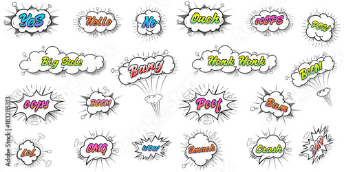 Comic collection colored sound chat text effects pop art vector style. 3d font.