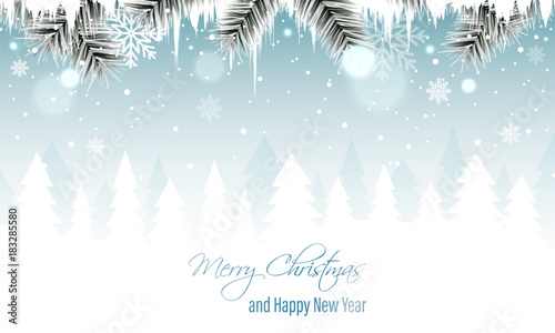 Winter landscape vector banner with branches, icicles, snowfall, snowflakes and snowy forest. Merry Christmas and Happy New Year greeting card.