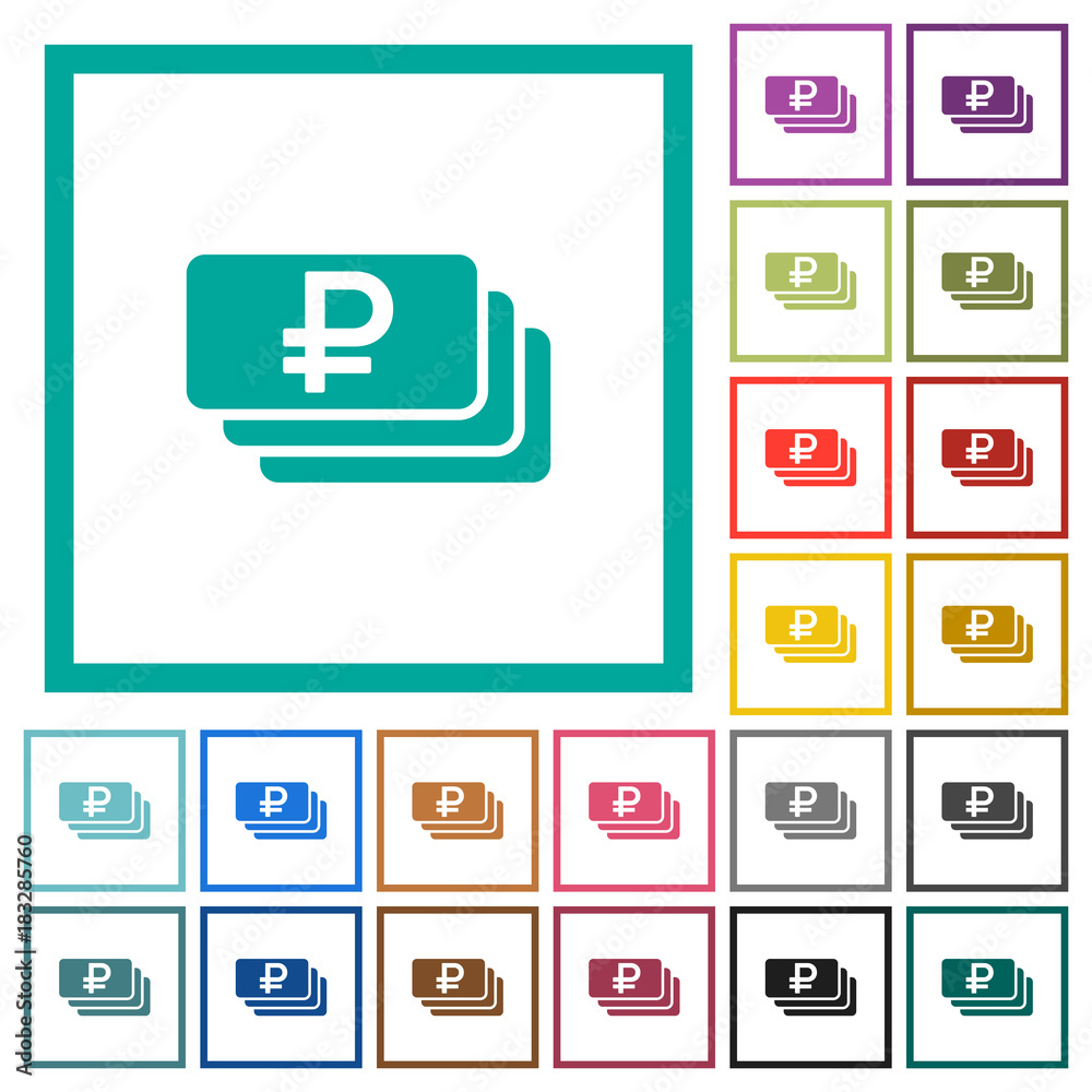 Ruble banknotes flat color icons with quadrant frames Ruble banknotes flat color icons with quadrant frames