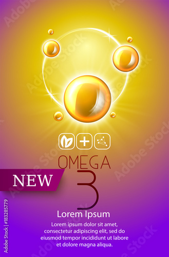 Fish oil ads template, omega-3 . oil drops 3D illustration. Realistic illustration vitamin natural, concept design.