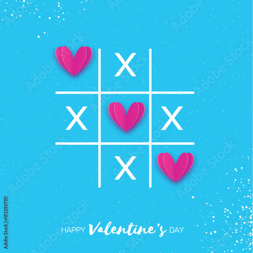 Tic tac toe game with criss cross and pink paper cut Hearts sign mark XOXO. Happy Valentines day card. 14 February. Romantic card For wedding. Sky blue background. View from above.