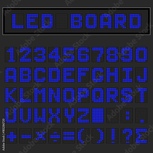 Blue LED digital english uppercase font, number and mathematics symbol display on black background
