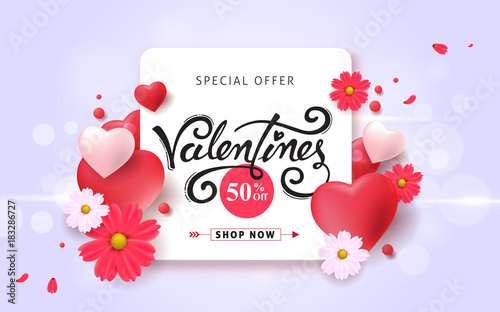 Valentines day sale background with Heart Shaped Balloons and flower. Vector illustration.banners.Wallpaper.flyers, invitation, posters, brochure, voucher discount.