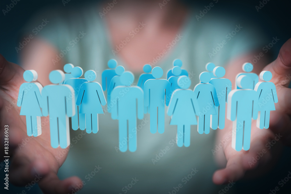 Businesswoman holding and touching 3D rendering group of blue people Businesswoman holding and touching 3D rendering group of blue people