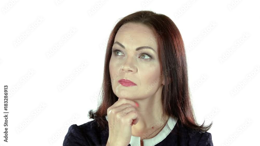 Learned woman thinks of different theories. White background Learned woman thinks of different theories. White background
