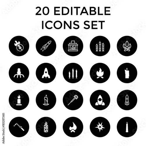 Flame icons. set of 20 editable filled and outline flame icons