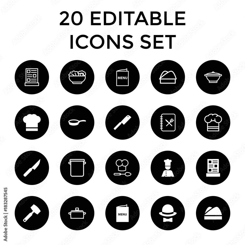 Chef icons. set of 20 editable filled and outline chef icons Chef icons. set of 20 editable filled and outline chef icons