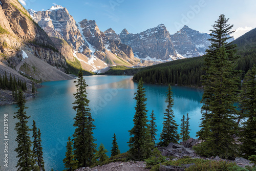 Beautiful sunset at Moraine Lake in Rocky Mountains, Banff National Park, Canada. 