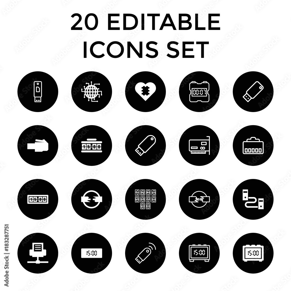 Usb icons. set of 20 editable filled and outline usb icons