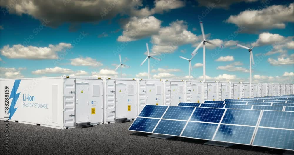 Concept of energy storage system. Renewable energy - photovoltaics, wind turbines and Li-ion battery container in fresh nature with distant blurred city in background. 3d rendering.