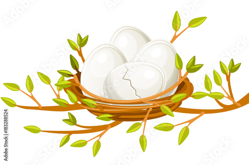Cartoon funny Egg in birds nest of twigs. Normal, damaged and broken