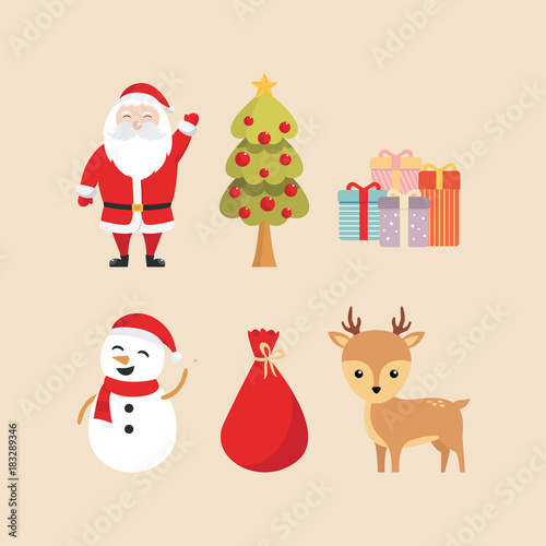 Santa claus  christmas tree  gifts  snowman  sack  and reindeer illustration vector