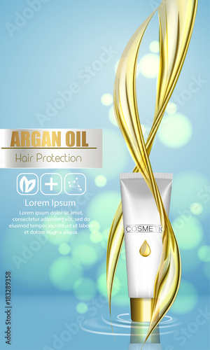 A realistic template cosmetic package. 3d splash of liquid oil. Splashing argan oil, hair protection cosmetics product pack design.
