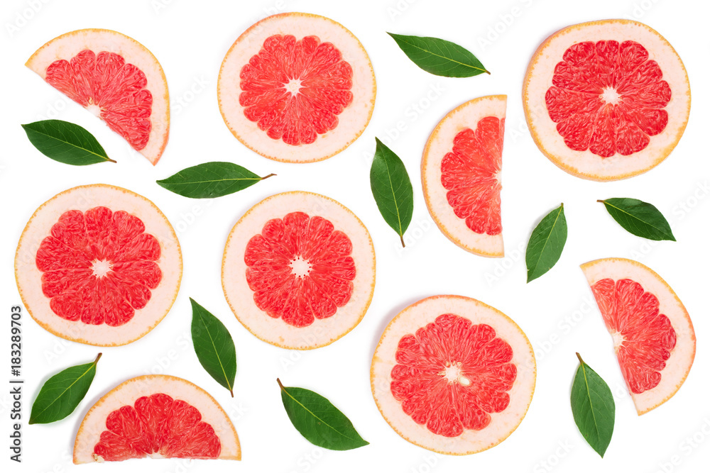 Grapefruit slices with leaves isolated on white background. Top view. Flat lay pattern Grapefruit slices with leaves isolated on white background. Top view. Flat lay pattern