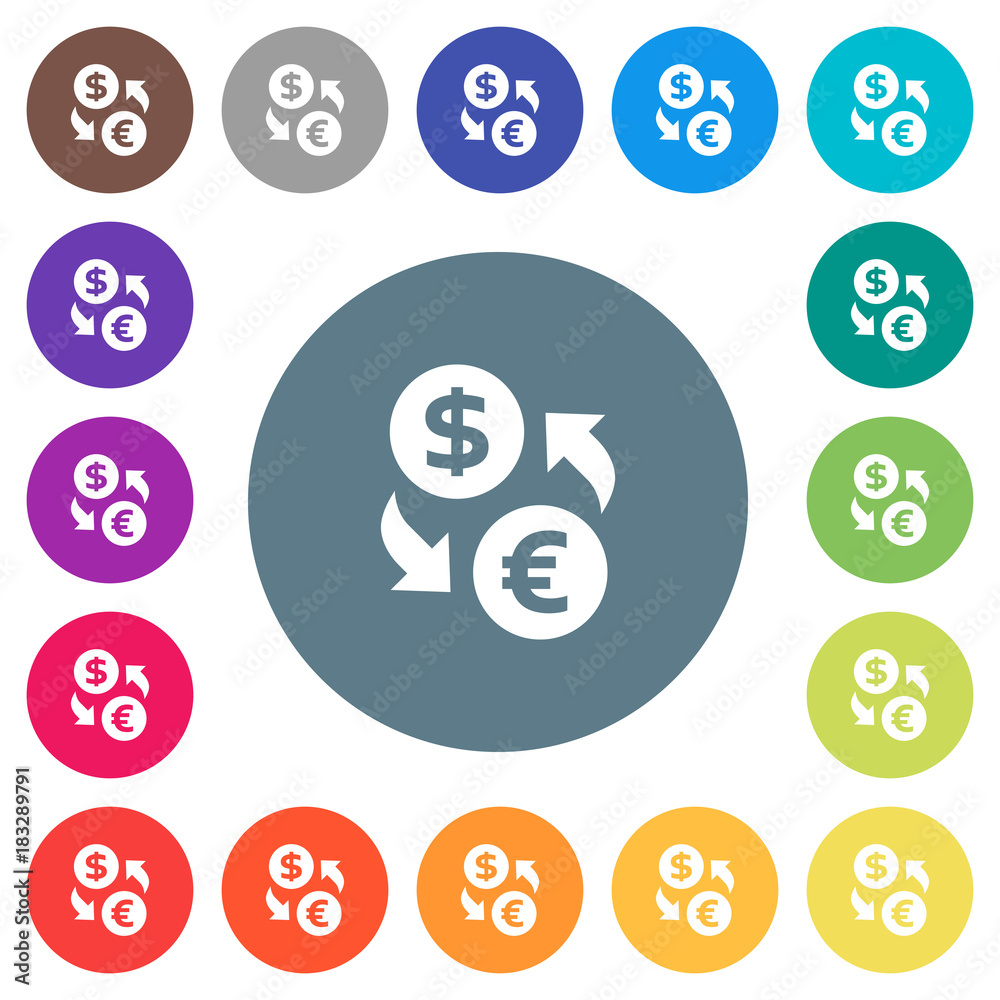 Dollar Euro money exchange flat white icons on round color backgrounds
