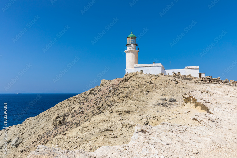 A white lighthouse  in The Prasonisi National Park on the  southern end of Rhodes in Greece 