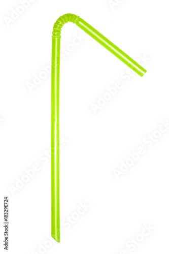 A single Green flexible drinking straw bent at an angle on a white background.