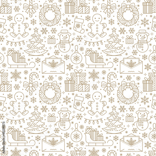 Christmas, new year seamless pattern, line illustration. Vector icons of winter holidays pine tree, gifts, letter to santa, presents, snowman. Celebration party white black repeated background.