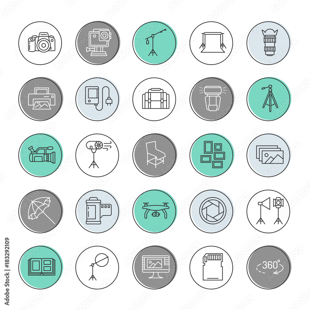 Photography equipment flat line icons. Digital, video camera, lighting, accessories, memory card, tripod lens film. Vector illustration, signs for photo studio or store.