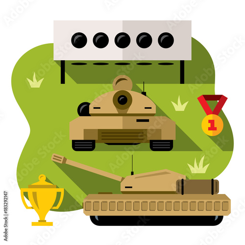 Vector Russian tank biathlon Concept. Military Sport. Flat style colorful Cartoon illustration.