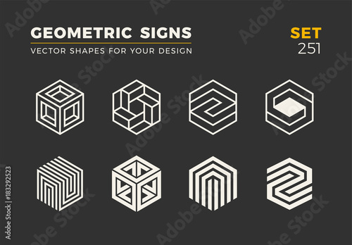 Set of eight minimalistic trendy shapes. Stylish vector logo emblems for Your design. Simple geometric signs collection.