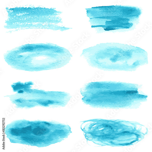 Set of abstract watercolor blue spots, blots, splashes and badges.