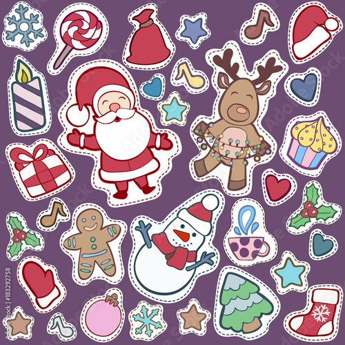 Christmas and Happy new year patch badges with Santa  Deer  Snowman