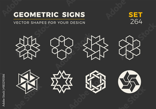 Set of eight minimalistic trendy shapes. Stylish vector logo emblems for Your design. Simple geometric signs collection.