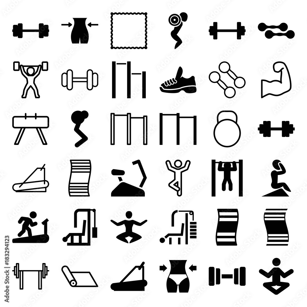 Set of 36 gym filled and outline icons