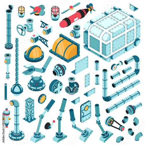 Isometric spare parts for the assembly of industrial machines and aggregates. Pipes, valves, pumps, flanges, fittings, splitters, lids, fittings, devices and so on.