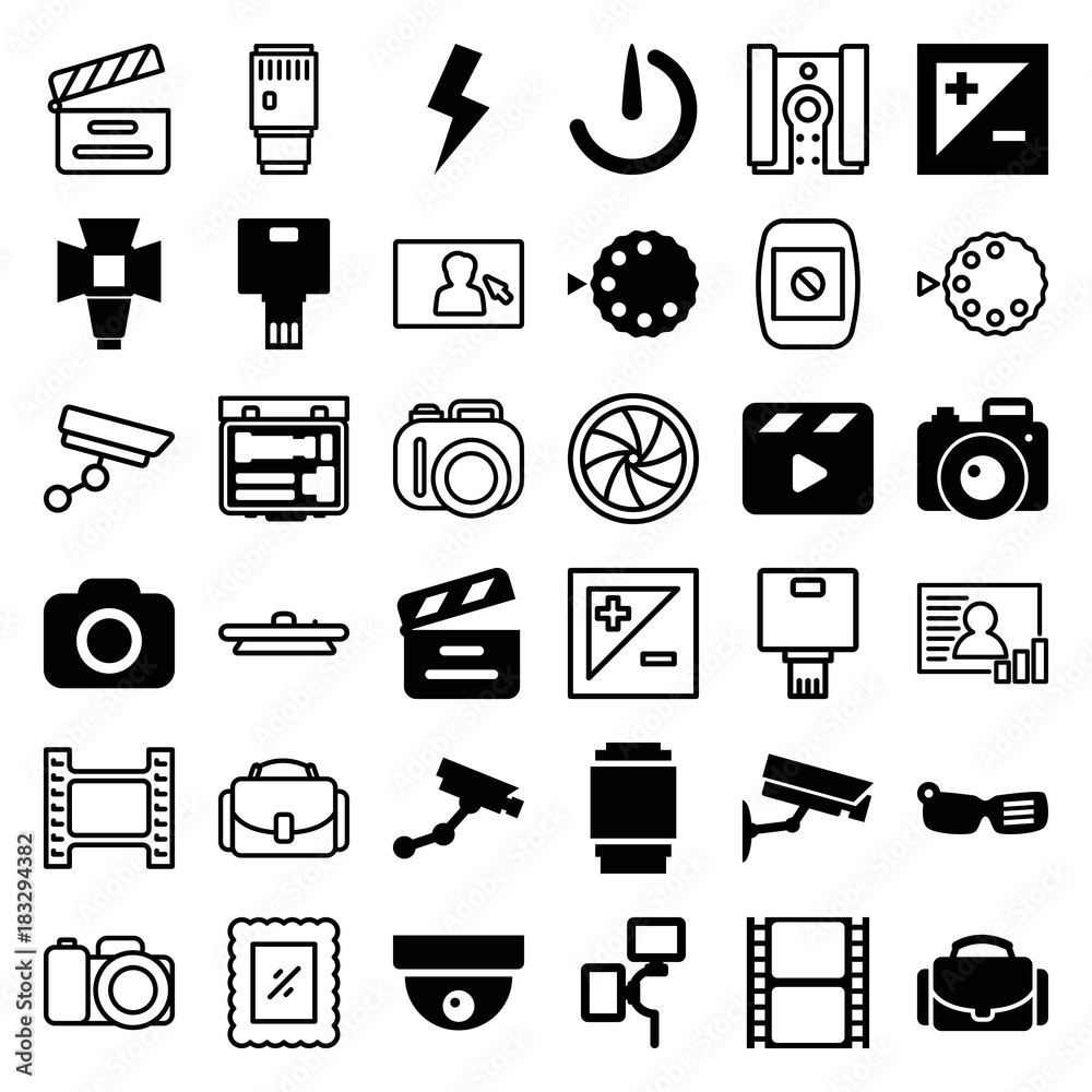 Set of 36 camera filled and outline icons Set of 36 camera filled and outline icons