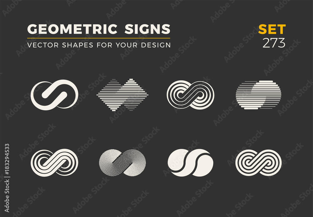 Set of eight minimalistic trendy shapes. Stylish vector logo emblems for Your design. Simple geometric signs collection.