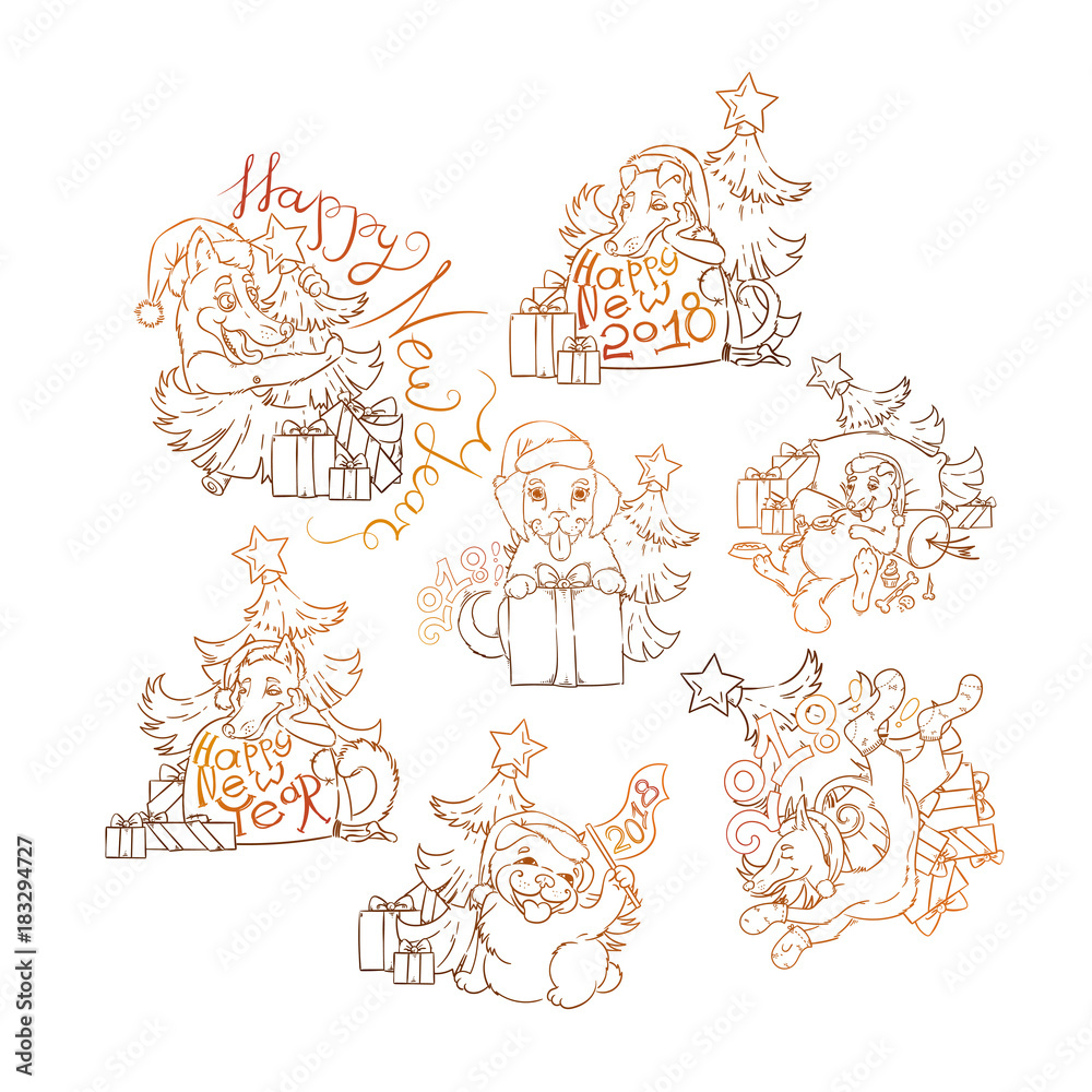 Set of yellow dog for New Year 2018, cute symbol of horoscope. Cute puppys in cartoon doodle style.