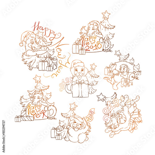Set of yellow dog for New Year 2018  cute symbol of horoscope. Cute puppys in cartoon doodle style.