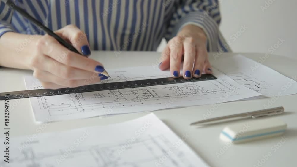 Female architect draws with ruler and pencil, sitting at table in office. Woman makes notes in construction documentation using pencil and flat straightedge. Employee dressed in classic plaid shirt
